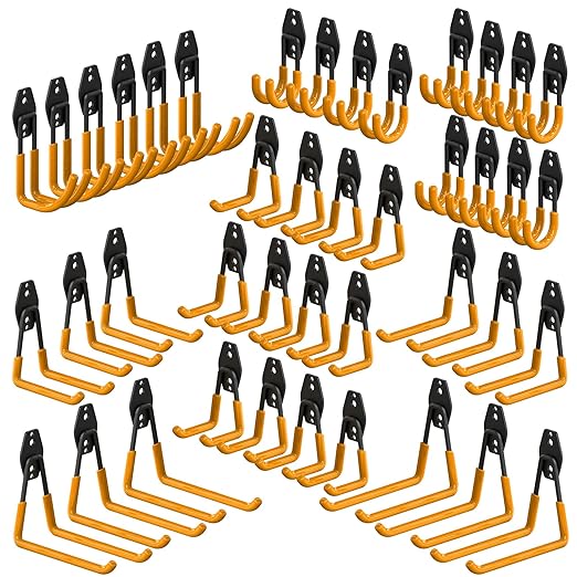 3-H Garage Wall Hooks 42 Pack, Heavy Duty Garage Hooks with Extra Welding Spots, Wall Mount Storage Organizer for Hanging Garden Lawn Tools, Ladder, Bike, WeedEater, Chair, Shovel, Blower (Orange)