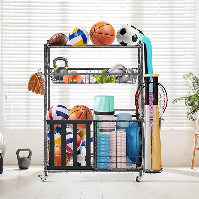 HOMREST Sports Equipment Storage, Ball Storage, Ball Holder, Garage Sports Organizer with Basket and Hooks, Rolling Sports Ball Storage with Wheels for Toy Sports Gear Storage, Black
