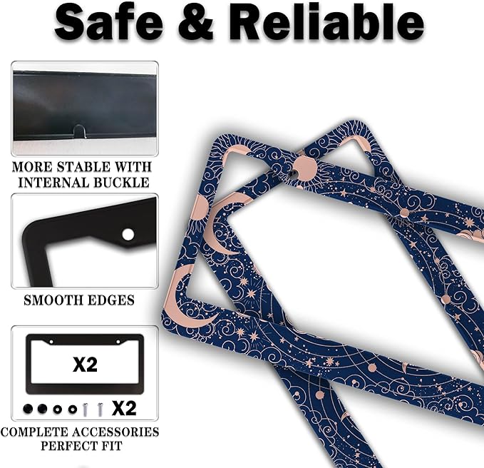 License Plate Frames for Women Blue License Plate Holder for Men Moon Sun Universal Aluminum Car Accessory 2 Pack with Screw Covers Set