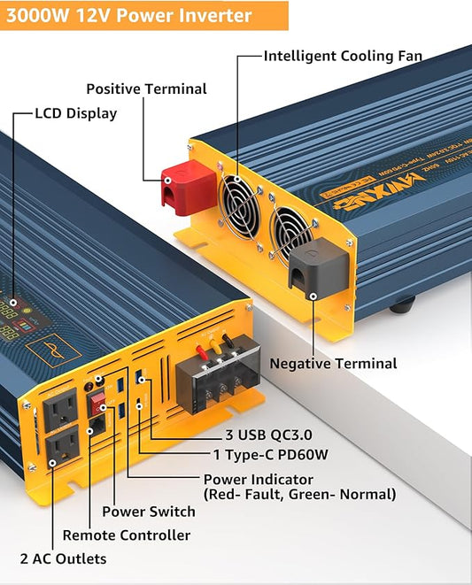 3000W Pure Sine Wave Power Inverter DC 12V to 110V 120V with Fast Charging Type-C& 3 USB Ports LCD Display Remote Controller Power Inverters for Vehicles,RV,Truck,Home,Off-Grid Solar System