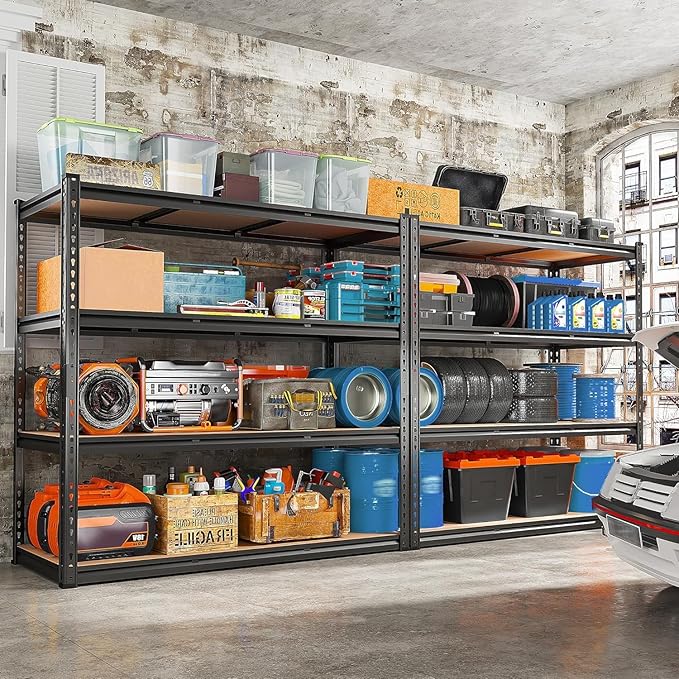 REIBII 48.2" W Garage Shelving, Storage Shelves Load 2600LBS, 4-Tier Adjustable Heavy Duty Metal Shelves for Warehouse, Pantry, Kitchen, 60.1" H X 48.2" W X 24" D, Black