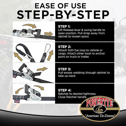 PowerTye 1.5in x 6.5ft Heavy Duty Ratchet Tie-Down Straps with Soft-Tye and Carabiner Hooks - 1,000 lb Working Load Limit / 3,000 lb Breaking Strength - Made in USA - Black/Black Pair