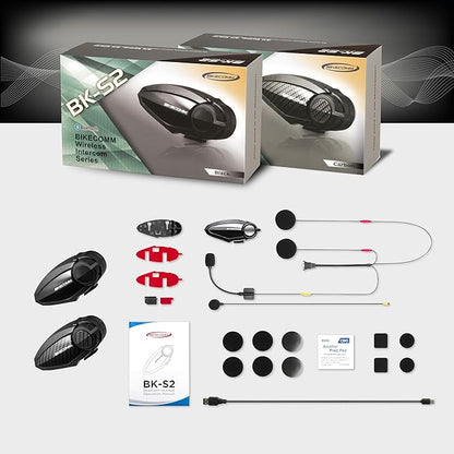 BK-S2 Motorcycle Bluetooth Intercom Headset - Helmet Communication System, Waterproof Speaker, Voice Comm Earbuds, Helmet Headphone, Noise Cancellation (Duo Black)