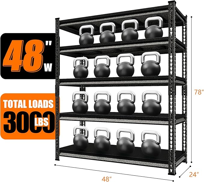 48" W Garage Shelving Heavy Duty，3000LBS Loads Adjustable Garage Storage Shelves, 5-Tier Metal Shelving Units and Storage Racks Heavy Duty, 48”W x 24”D x 78”H，Silver