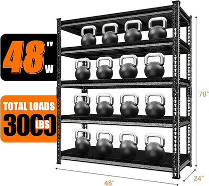 48" W Garage Shelving Heavy Duty，3000LBS Loads Adjustable Garage Storage Shelves, 5-Tier Metal Shelving Units and Storage Racks Heavy Duty, 48”W x 24”D x 78”H，Silver