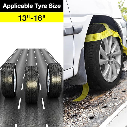 Tow Dolly Basket Straps with Flat Hooks Fits 14" 15" 16" Car Auto Hauler Wheel for A Car Trailer,SUV,UTV,ATV Transport Vehicle Tire Tie Down Strap Kit Heavy Duty Tire Bonnet Net Safe