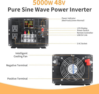5000 Watt Pure Sine Wave Power Inverter DC 48V to 110V/120V AC Converter with 2 AC,5V 500mA USB Charging Ports, Car Solar Power Inverters with LCD Display for Home RV Truck