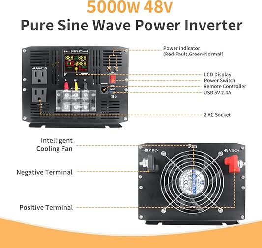 5000 Watt Pure Sine Wave Power Inverter DC 48V to 110V/120V AC Converter with 2 AC,5V 500mA USB Charging Ports, Car Solar Power Inverters with LCD Display for Home RV Truck