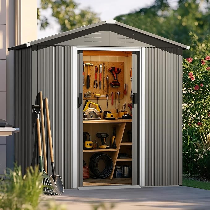 Nuu Garden 6 x 4 FT Outdoor Storage Shed with Sliding Doors, Galvanized Metal Garden Shed with Sloping Roof, Anti-Corrosion Outdoor Tool Shed with Air Vents for Backyard, Patio, Lawn, Gray