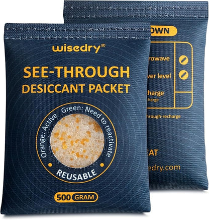 wisedry 2 x 500 Gram See-Through Silica Gel Car Dehumidifier Packets, Color-Indicating Desiccant Packs for Storage, Reusable Safe Dehumidifier, Heat Resistant Dehumidifier Bags