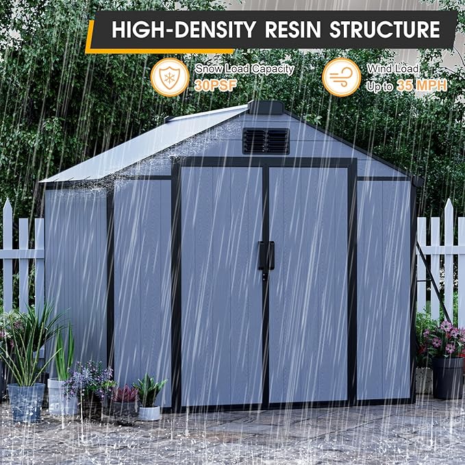 8 x 8 FT Resin Tool Shed, All-Weather Outdoor Storage Shed with Floor, Lockable Doors & Windows, Plastic Garden Shed for Poolside, Backyard, Patio