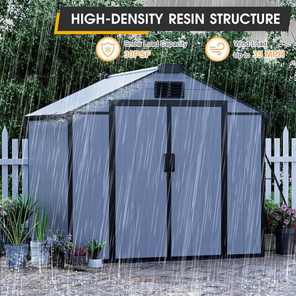 8 x 8 FT Resin Tool Shed, All-Weather Outdoor Storage Shed with Floor, Lockable Doors & Windows, Plastic Garden Shed for Poolside, Backyard, Patio