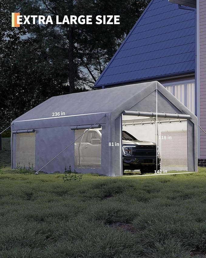 12 x 20ft Heavy-Duty Carport Canopy with Roll-Up Windows & DoorsThickened Wind Ropes, Ground Nails, Portable Car Tent Garage for Cars, Trucks, Boats, 180G Durable Tarp Cover,White