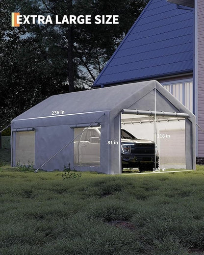 12 x 20ft Heavy-Duty Carport Canopy with Roll-Up Windows & DoorsThickened Wind Ropes, Ground Nails, Portable Car Tent Garage for Cars, Trucks, Boats, 180G Durable Tarp Cover,White