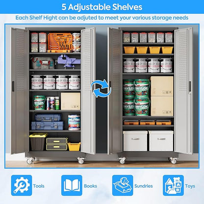 71" H×32" W×16" D Garage Storage Cabinet with Wheels & Pegboard, Locking Metal Storage Cabinet with Doors and 5 Adjustable Shelves & & 4 Hooks for Garage Warehouse Home Office, Black and Gray