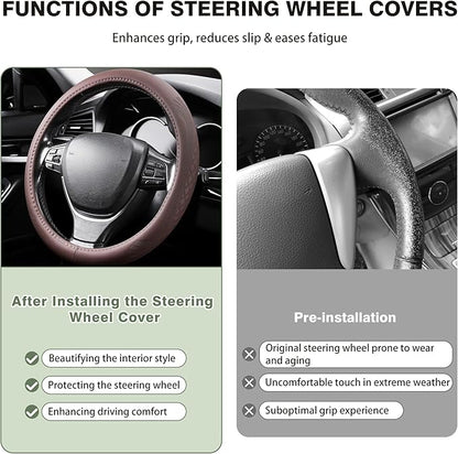 【2025 Model】 Breathable Soft Leather Car Steering Wheel Cover for Men Women, Non-Slip, Comfortable,Universal 15 inches Steering Wheels, Brown