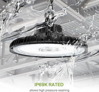 ASD LED High Bay UFO Light Fixture, Commercial Shop Lighting | Dimmable, IP69K Waterproof, DLC Premium, UL Listed | 240W 37000LM 5000K 100-277V | Warehouse, Garage, Workshop, Barn Lamp | Black