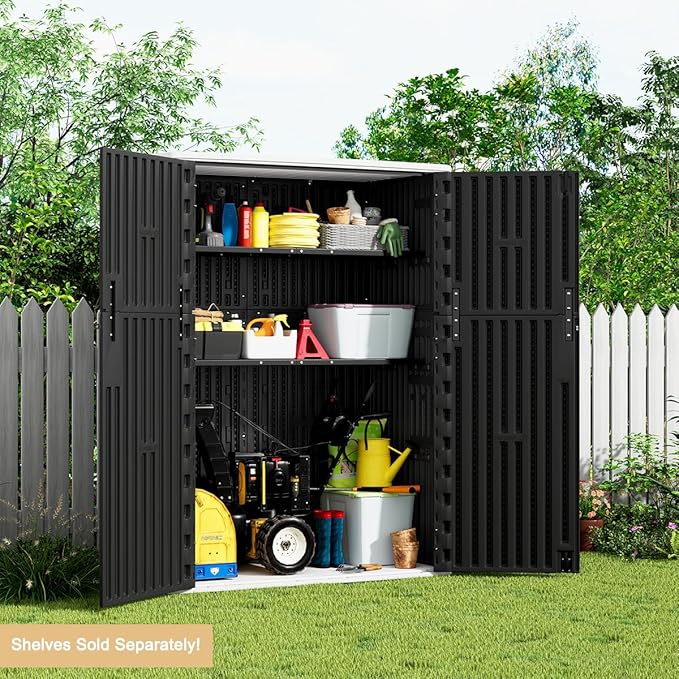 KINYING Outdoor Storage Shed,57 Cu.ft Vertical Outdoor Storage Cabinet Waterproof, Outdoor Resin Tool Shed for Patio Furniture, Garden Tools, Pool Accessories, Lawn Mower(Black Color)