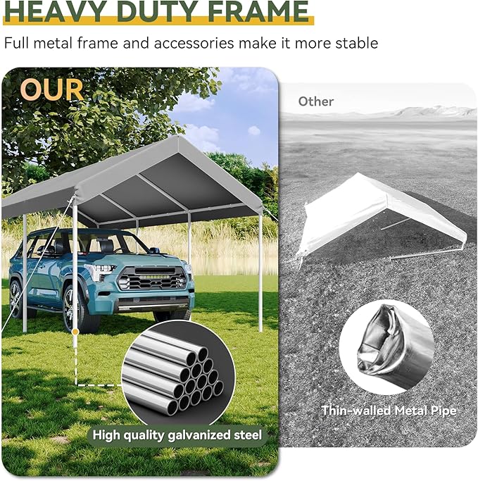 Aoxun 10x20 ft Heavy Duty Carport with Tarp & Wind Resistance Portable Carport Car Tent Outdoor Car Port with Tear Resistant Canopy, No Sidewall - Gray