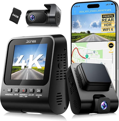 Dash Cam Front and Rear: 4K+1080P FHD Dual Dash Camera for Cars with Night Vision, 2 Channel HDR Dash Camera, 24H Parking Mode Car Camera, Built-in GPS, WiFi 6, Free 64GB Card