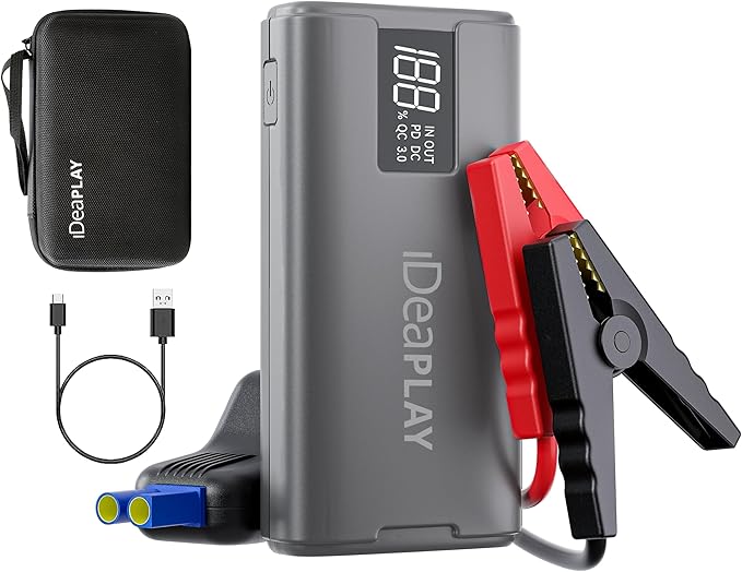 IDEAPLAY J10 Jump Starter, 2000A 12V Car Battery Jump Starter Portable for Up to 8.0L Gas and 7.0L Diesel Engine, Jump Box with Jumper Cables, Type C Fast Charging Battery Jumper with LED Flashlight