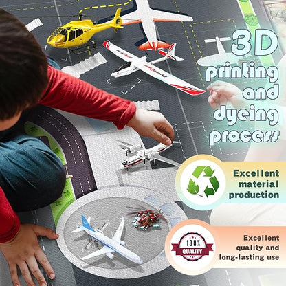 Playmat for Boys Playroom 5'x 6'6" Airport Mat for Kids Bedroom Traffic System and Aircraft Runway Rug Carpet Non-Slip Washable Area Rug