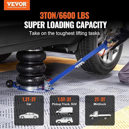 VEVOR Air Jack, 3 Ton/6600 lbs Triple Bag Air Jack, Airbag Jack with Six Steel Pipes, Lift up to 17.7", 3-5 s Fast Lifting Pneumatic Jack, with Adjustable Long Handles for Cars