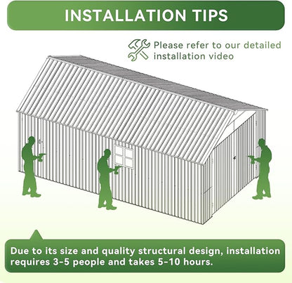 Aoxun 12x20x9.3 FT Shed Outdoor Metal Garage Shed 1700 CUFT Extra Large Storage Shed for Vehicles & Sundries 11" Snow Load Double-Door All-Weather Garden Shed (Brown)