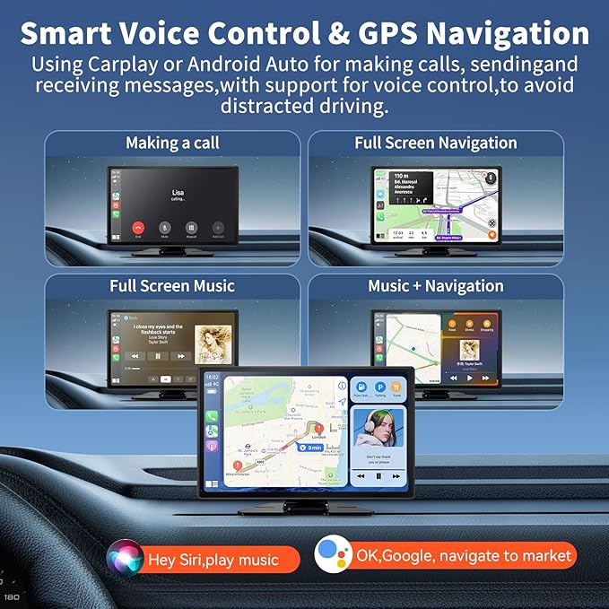 Carplay Screen for Car, 9" Portable Wireless Carplay Screen with 4K Dash Cam, 1080P Backup Camera, Car Stereo for Carplay & Android Auto GPS Navigation/Bluetooth/Mirror Link/Voice Control/AUX/FM/Siri