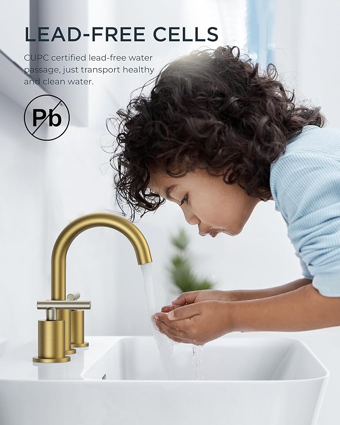 FORIOUS Brushed Nickel and Gold Bathroom Faucet 3 Hole, Lead-Free 8 in Widespread Bathroom Vanity Faucet Brushed Gold and Silver with Metal Pop-up Drain, cUPC Supply Hoses, and 1.2 GPM Spare Aerator