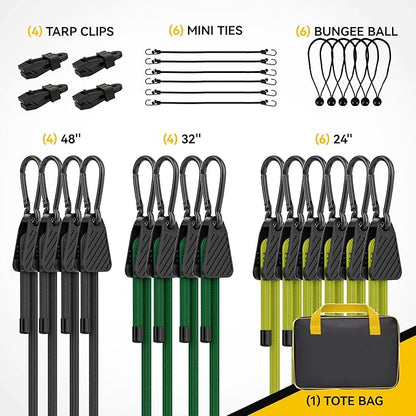 Bungee Cords with Hooks, Upgrade 30pcs Assortment Heavy Duty Outdoor with 24'' 32'' 48'' Adjustable Bungee Cords, 10'' J Hooks Cord, 6" Canopy Tarp Ball Ties and Tarp Clips Drawstring Organizer Bag