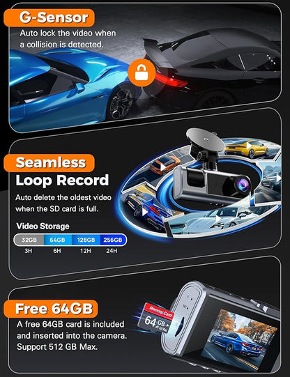 3 Channel WiFi Dash Cam Front and Rear Inside with 64GB SD Card, 2.5K+1080P+1080P Car Dash Camera for Cars Front and Rear, Dashcam with G-Sensor, Loop Recording, 24H Parking Mode, Support 512GB