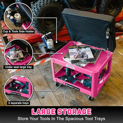 Rolling Mechanic Shop Stool with Wheels, Garage Mechanics Stool with 2 Layer Repair Tools Tray, Padded 360° Swivel Automotive Roller Creeper Seat Shop Chair, Heavy Duty, 330 LBS Capacity, Pink