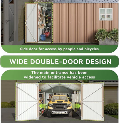 Aoxun 12x20x9.3 FT Shed Outdoor Metal Garage Shed 1700 CUFT Extra Large Storage Shed for Vehicles & Sundries 11" Snow Load Double-Door All-Weather Garden Shed (Brown)