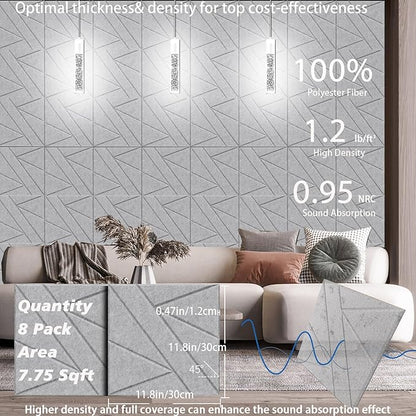 8 Pack Self-Adhesive Soundproof Wall Panels, 12 x 12 x 0.47 In Sound Proof Foam Panels for Walls, 1.2lb/ft³ High Density, Thicker 0.47in, Acoustic Panels, Noise Dampening Panels Studio Gray