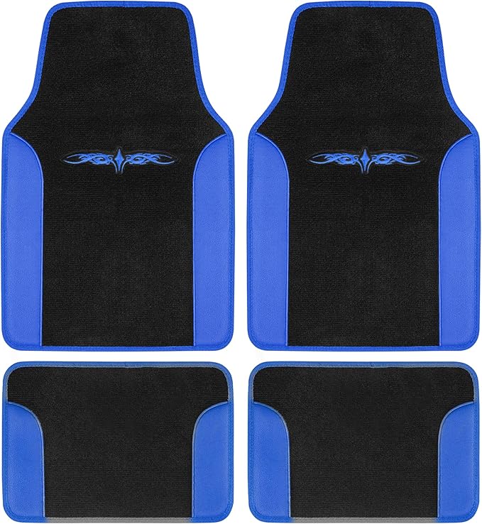 BDK carXS Fresh Two-Tone Carpet Floor Mats, Tribal Tattoo Design with Vinyl Trim for Car Sedan Truck SUV, Front & Rear Set of 4, Blue