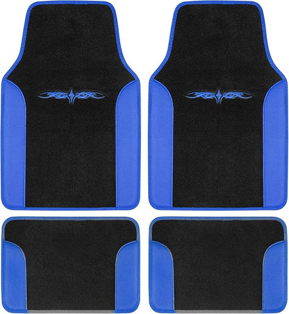 BDK carXS Fresh Two-Tone Carpet Floor Mats, Tribal Tattoo Design with Vinyl Trim for Car Sedan Truck SUV, Front & Rear Set of 4, Blue