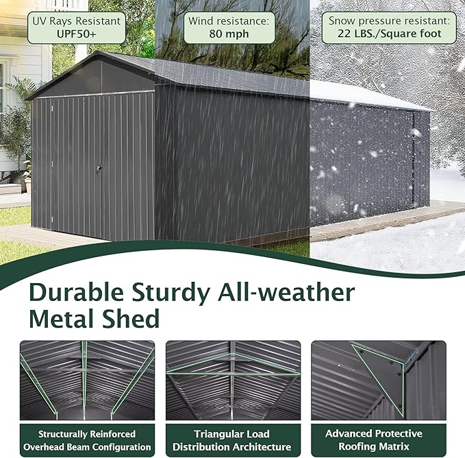 Domi 12’x15’ Outdoor Metal Garage Shed, Weatherproof Enclosed Carport with Sidewalls & 2 Lockable Doors, Backyard Storage Shed for Car, Bike, Motorcycle, Lawn Mower, 80MPH Wind Resistance, Dark Grey