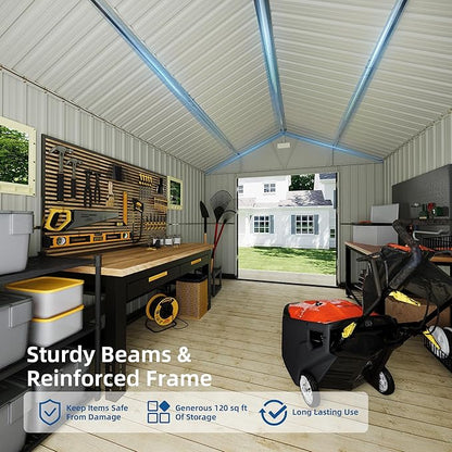 10x12FT Outdoor Storage Shed, Metal Garden Shed with Floor Base, Lockable Doors and Windows, Large Tool Shed for Backyard, Patio and Lawn