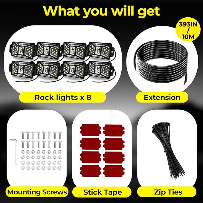 8 Pods 216 LEDs White Rock Lights with 11yd/10M Extension Wire, 6000K Super Bright Underglow Light, Waterproof IP67, 360° Full Angle Illuminate Rock Lights for Trucks Jeep UTV ATV SUV Boats
