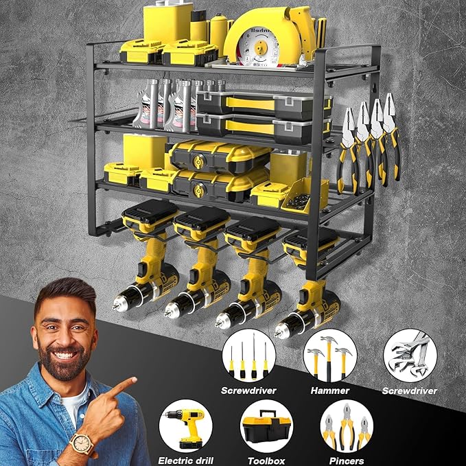 4 Layers Power Tool Organizer Wall Mount, Garage Wall Shelving, 4 Drill Holder Wall Mount, Cordless Tool Organizer, Garage Storage Rack with 4 Extension Cord Holder