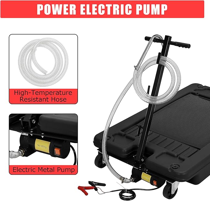 ‌17 Gal Electric Oil Drain Pan, Low Profile Mobile Oil Changing Pan with Hand Pump, 8 Ft Hose & Quick Drain Valve, Leak-Proof Design for Truck Car Motorcycle, Garage Workshop Use