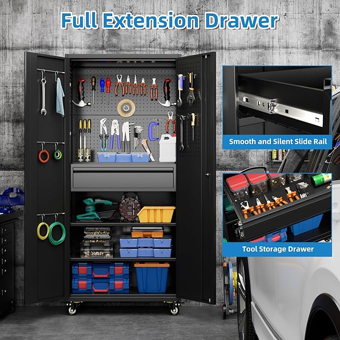 71" Metal Garage Storage Cabinet with 16 Hooks and Pegboards,1 Drawer Inside Rolling Tool Storage Cabinet with Adjustable Shelves,3 Metal Hanging Rod for Garage,Warehouse