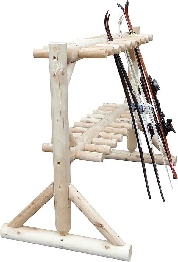 17-Place Freestanding Log Ski Rack Holder, Indoor & Outdoor Snowboard Racks, Standing Storage, Garage Racks for Snow Skis, Durable Snowboard Rack Garage Storage Organizer - Unfinished + 15" Anchor Kit