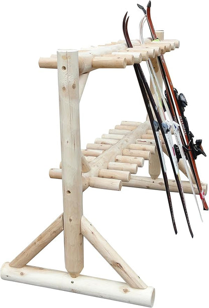 17-Place Freestanding Log Ski Rack Holder, Indoor & Outdoor Snowboard Racks, Standing Storage, Garage Racks for Snow Skis, Durable Snowboard Rack Garage Storage Organizer - Unfinished + 15" Anchor Kit