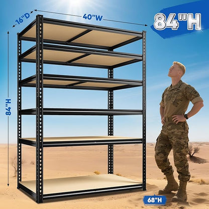 84" H Garage Shelving, 6 Tier Storage Shelves Load 3000 lbs, Adjustable Garage Shelves, Metal Shelving Unit for Warehouse, Basement, Pantry, 40" Wx 16" D x 84" H, Black