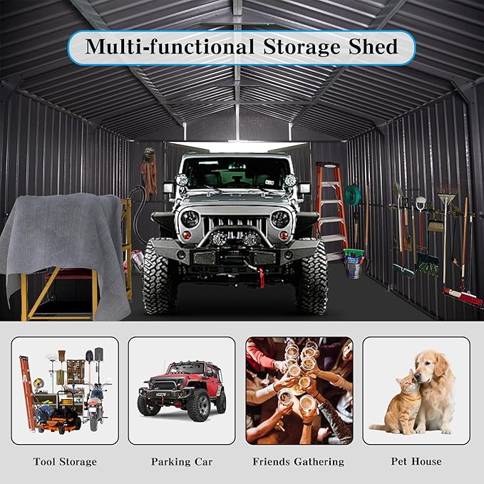 Domi 12x15FT Outdoor Metal Garage Shed, Extra Large Carport with Skylights & Dual-Entry, Backyard Storage Shed for Car, Truck, Lawn Mower and Tool, Dark Grey