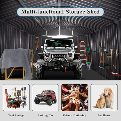 Domi 12x15FT Outdoor Metal Garage Shed, Extra Large Carport with Skylights & Dual-Entry, Backyard Storage Shed for Car, Truck, Lawn Mower and Tool, Dark Grey