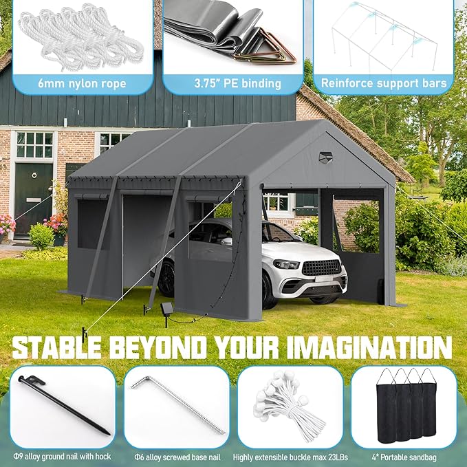 10x16 Carport, Heavy Duty Carport Canopy Garage with Removable Sidewalls and Drive Through Roll Up Zipper Doors & Side Doors, Grey