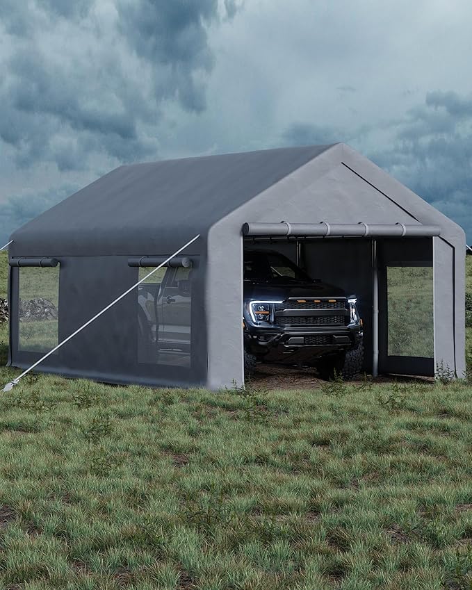13x20 Ft Carport with 8 Sandbags, Car Port with 220g PE Tarp, 2 Roll-Up Doors, and 4 Windows, for Full-Size Pickups, Bass Boats, Tractors, and SUVs, Gray